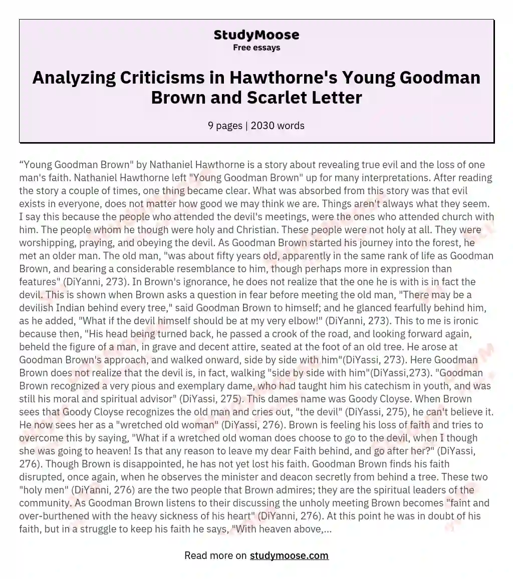 An Analysis of the Literary Criticisms in Young Goodman Brown and the Scarlet Letter by Nathaniel Hawthorne