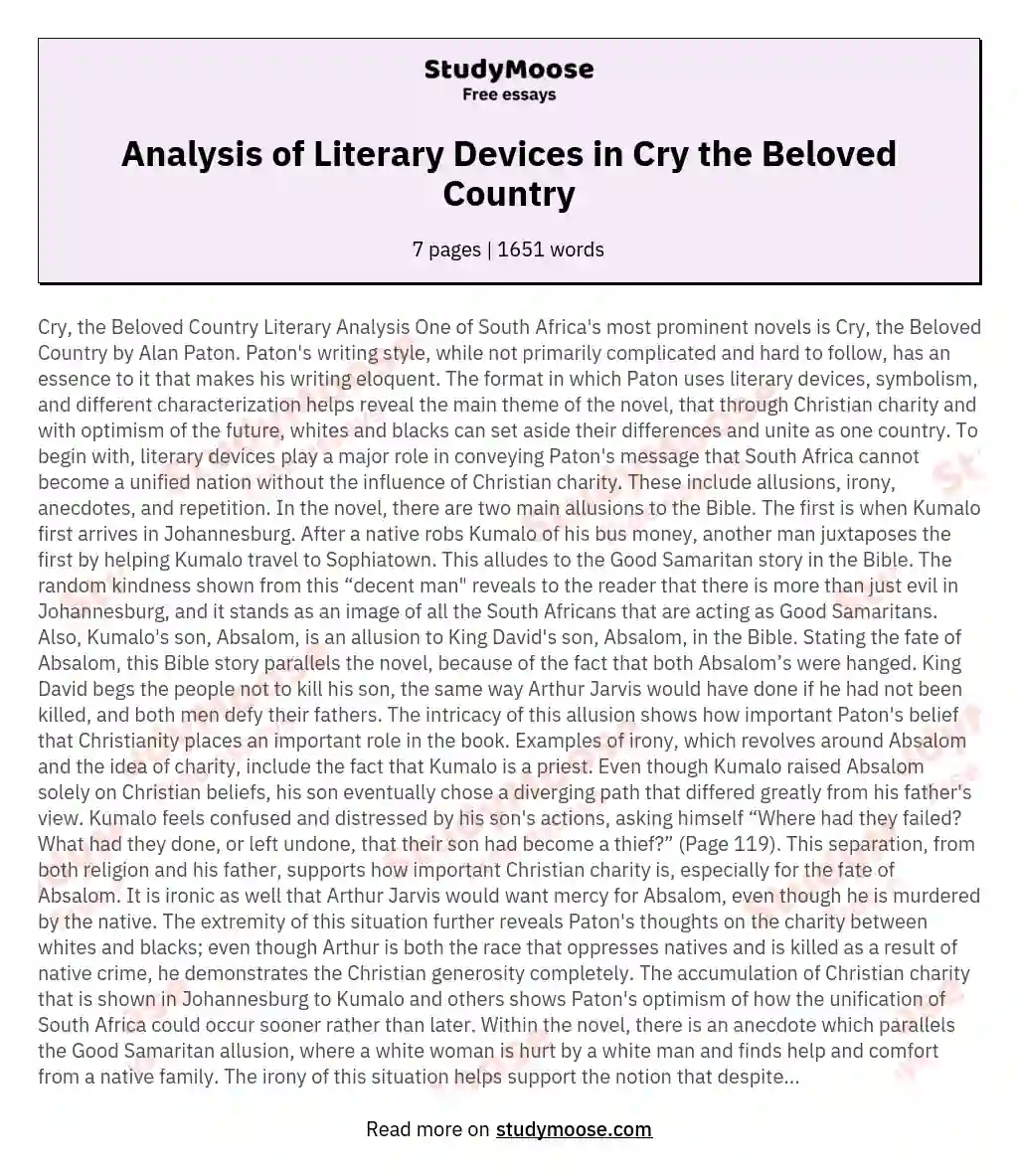 An Analysis of the Literary Devices Used in Cry the Beloved Country by Alan Paton