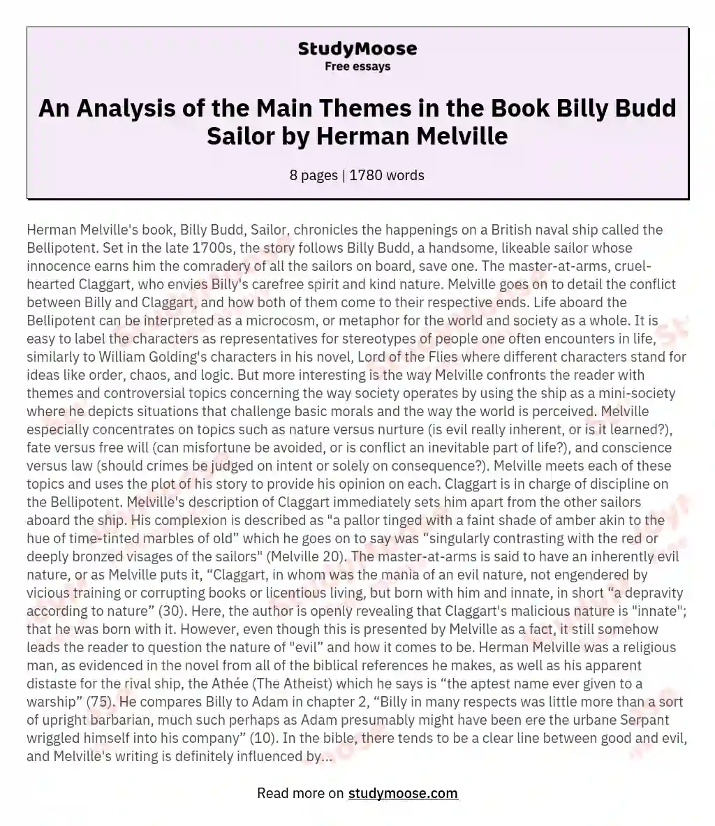 An Analysis of the Main Themes in the Book Billy Budd Sailor by Herman Melville
