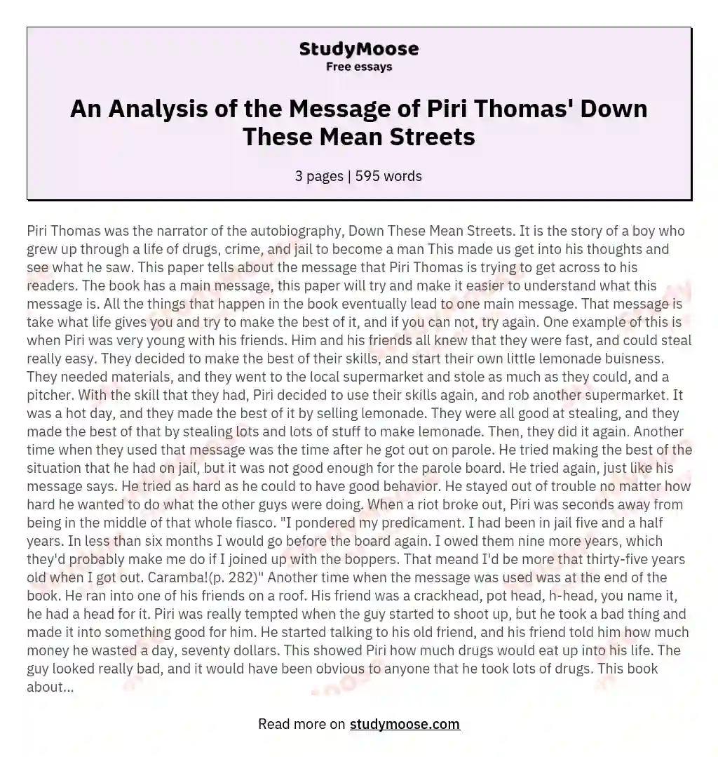 An Analysis of the Message of Piri Thomas' Down These Mean Streets essay