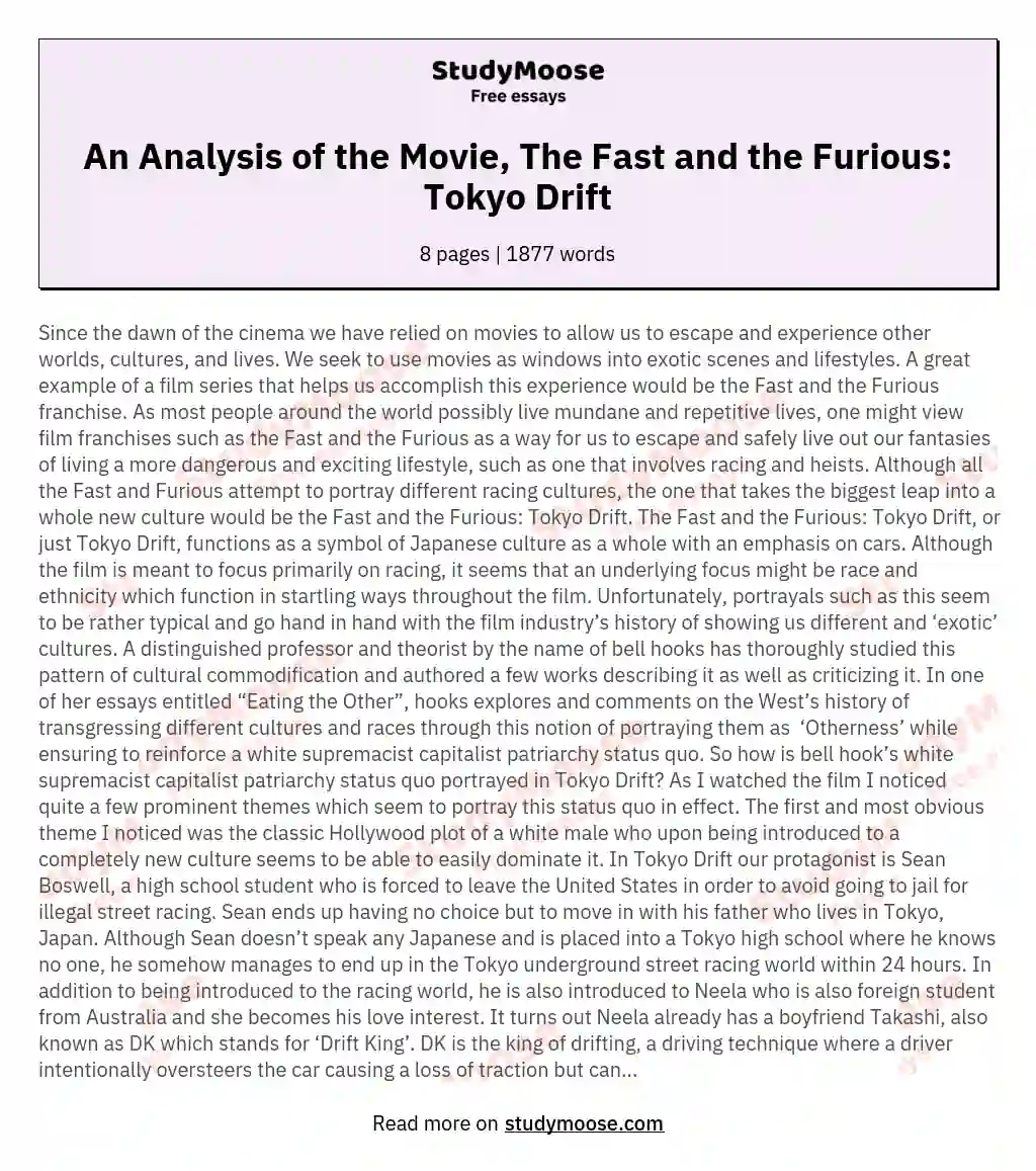 An Analysis of the Movie, The Fast and the Furious: Tokyo Drift essay