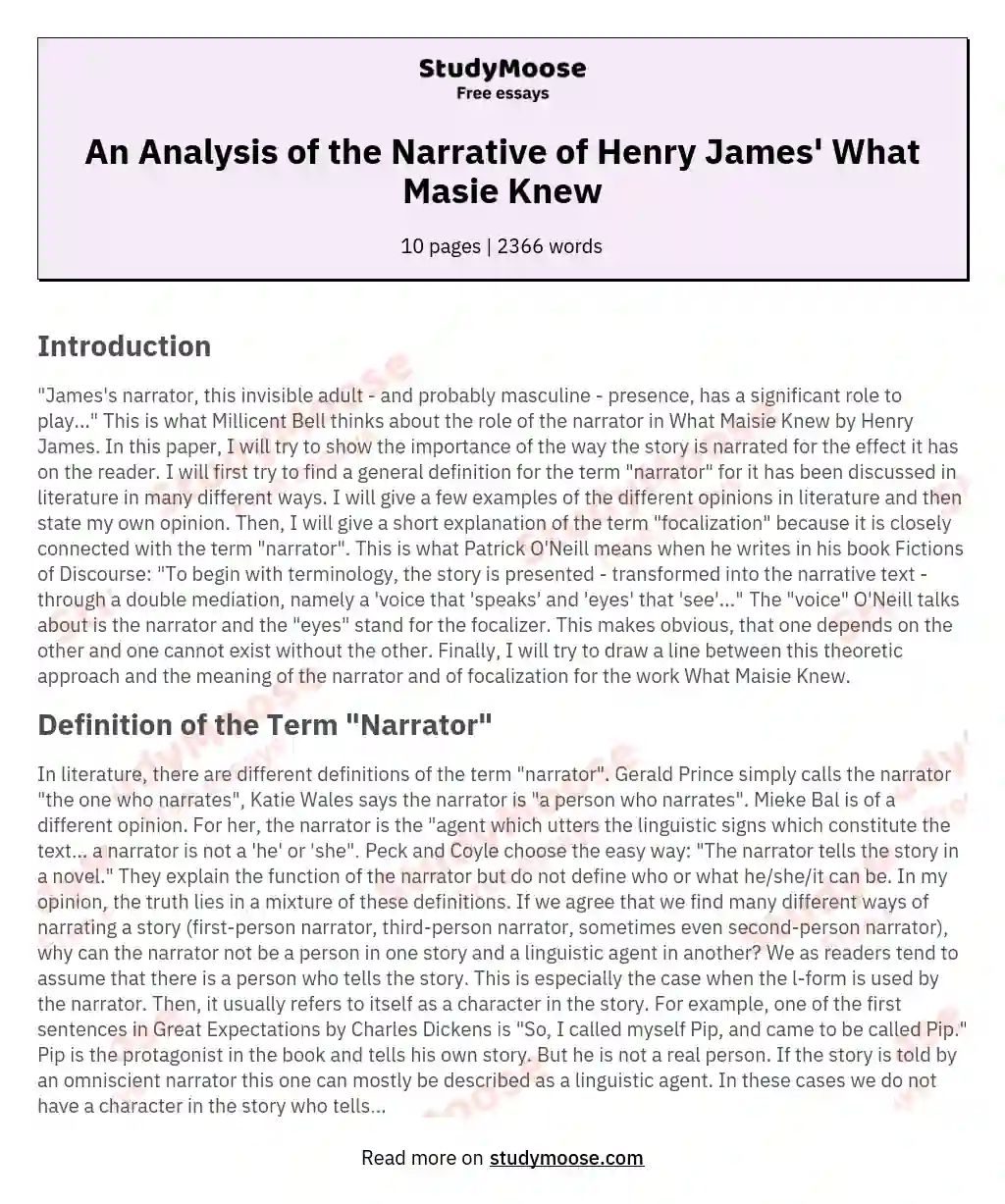 An Analysis of the Narrative of Henry James' What Masie Knew