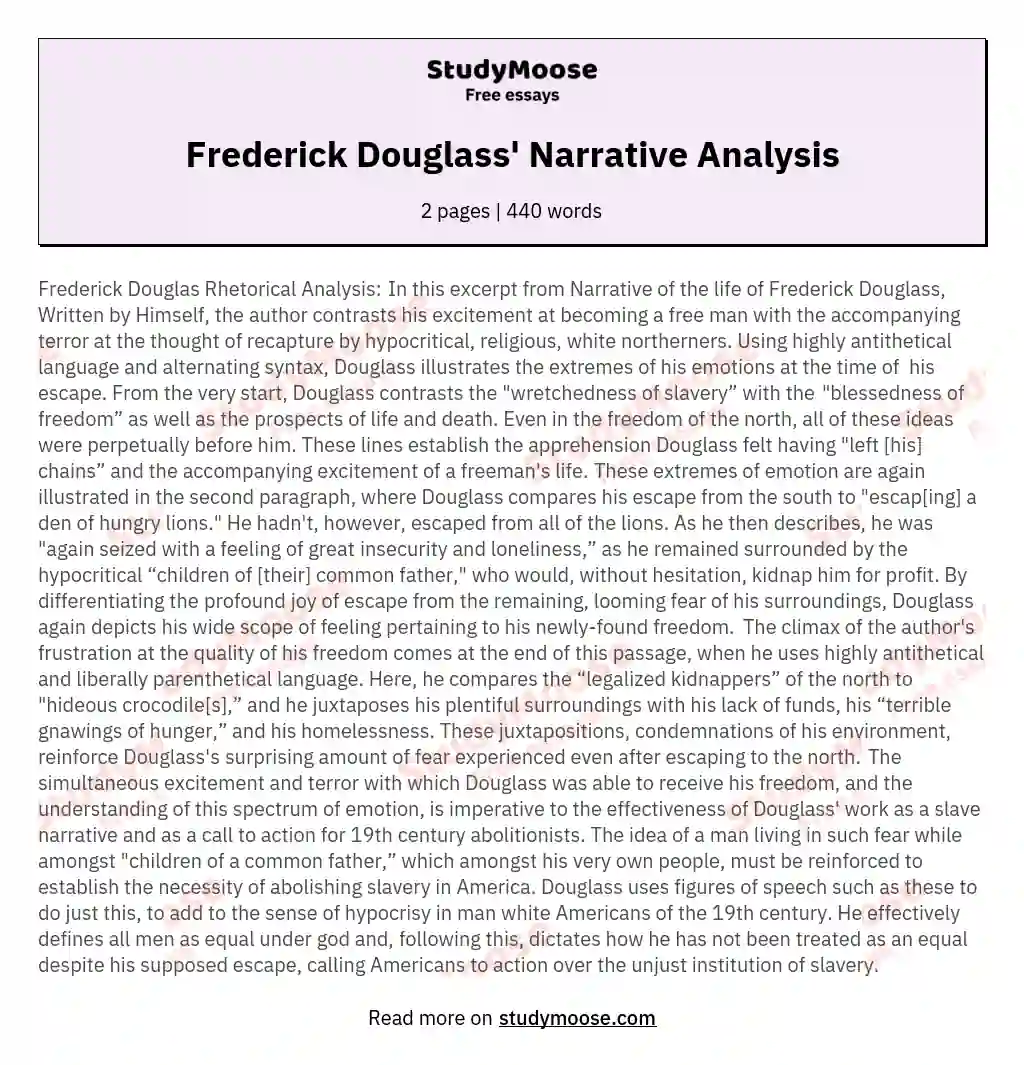 Frederick Douglass' Narrative Analysis essay