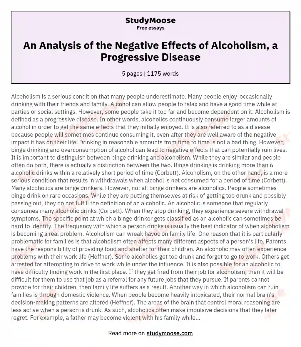 An Analysis of the Negative Effects of Alcoholism, a Progressive Disease essay