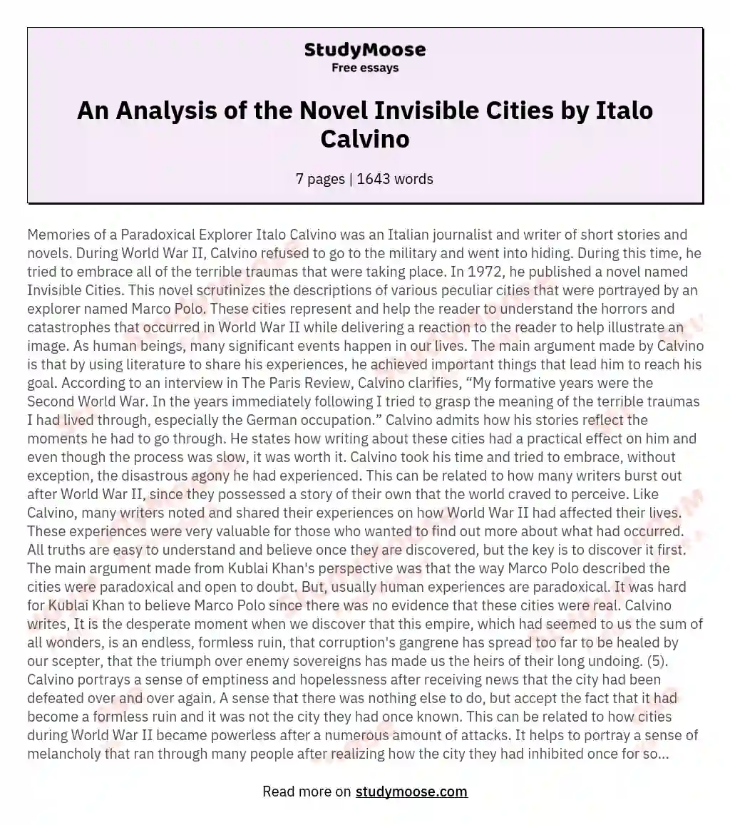 An Analysis of the Novel Invisible Cities by Italo Calvino essay
