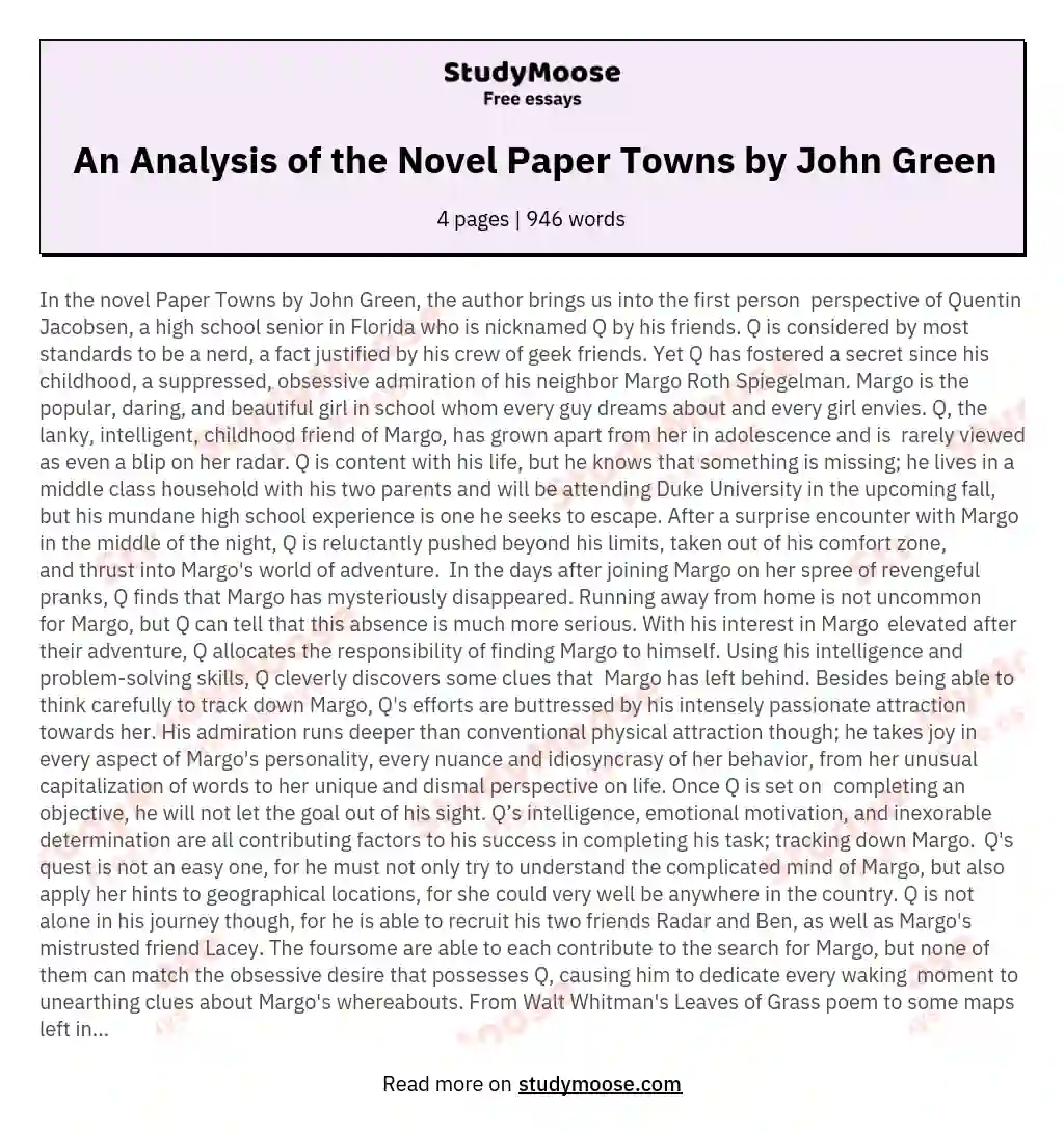 An Analysis of the Novel Paper Towns by John Green essay