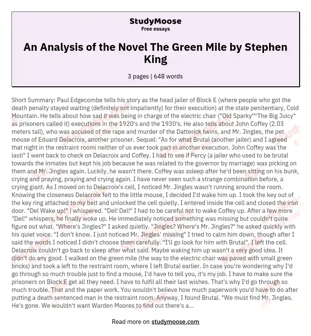 An Analysis of the Novel The Green Mile by Stephen King essay