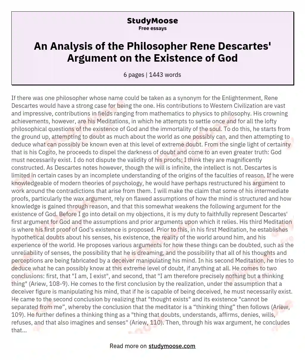 An Analysis of the Philosopher Rene Descartes' Argument on the Existence of God