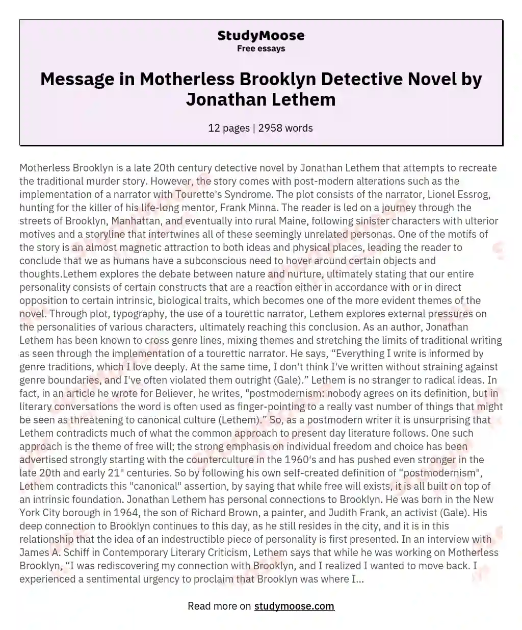An Analysis of the Plot and Message in the Detective Novel Motherless Brooklyn by Jonathan Lethem