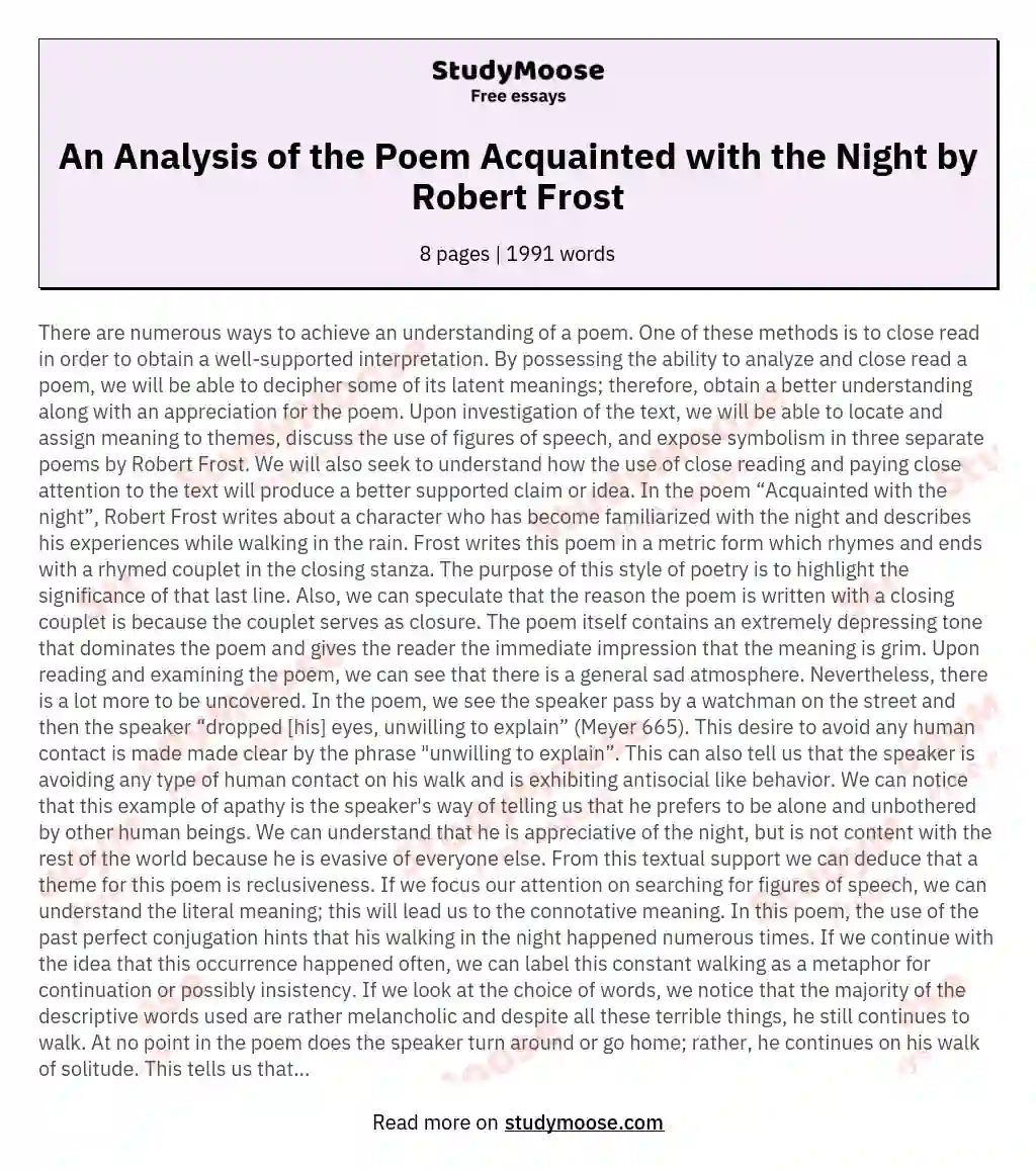 An Analysis of the Poem Acquainted with the Night by Robert Frost