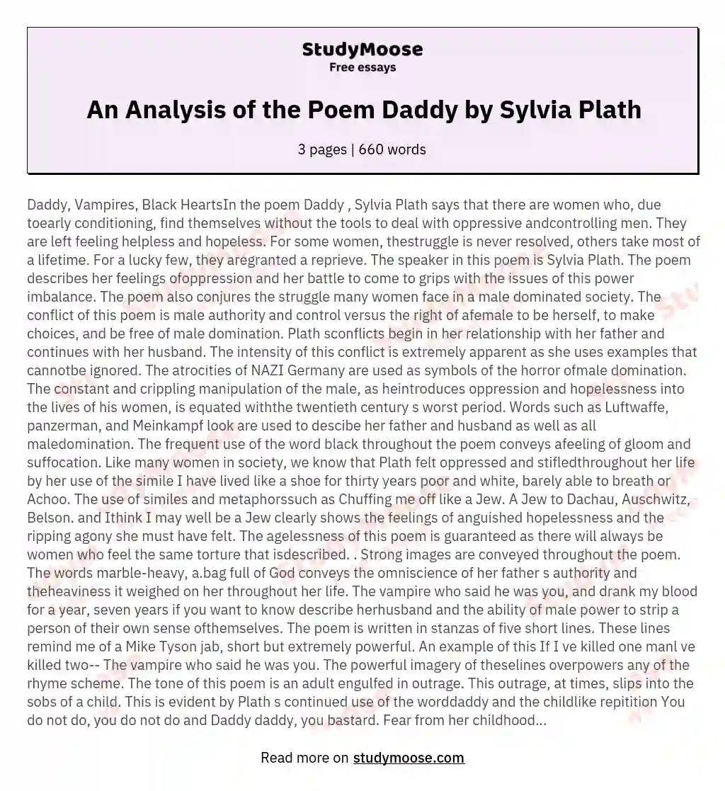 An Analysis of the Poem Daddy by Sylvia Plath essay