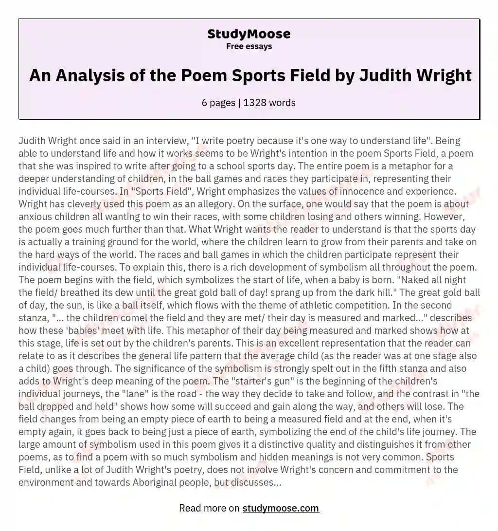 An Analysis of the Poem Sports Field by Judith Wright essay