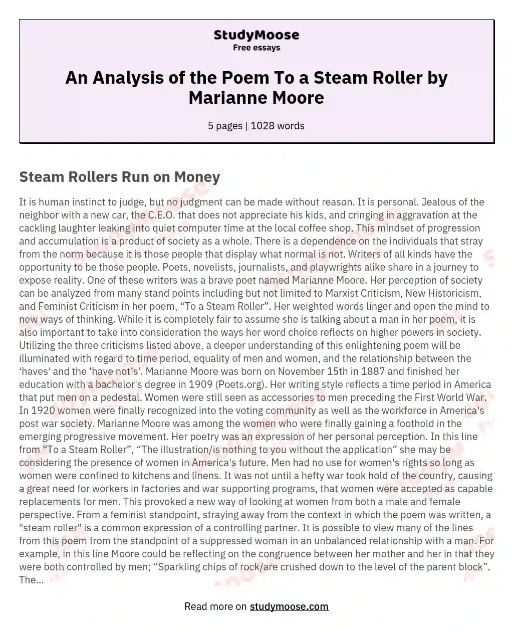 An Analysis of the Poem To a Steam Roller by Marianne Moore essay