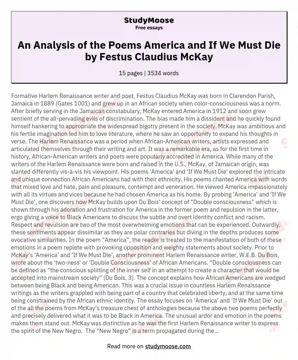 An Analysis of the Poems America and If We Must Die by Festus Claudius McKay essay