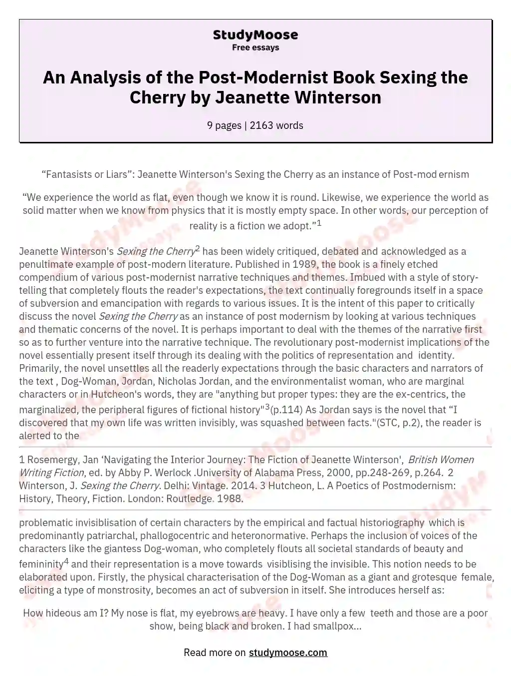 An Analysis of the Post-Modernist Book Sexing the Cherry by Jeanette Winterson essay
