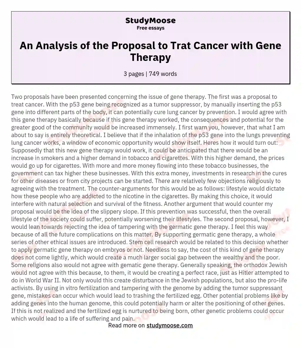 An Analysis of the Proposal to Trat Cancer with Gene Therapy essay