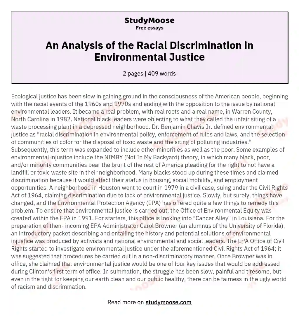 An Analysis of the Racial Discrimination in Environmental Justice essay