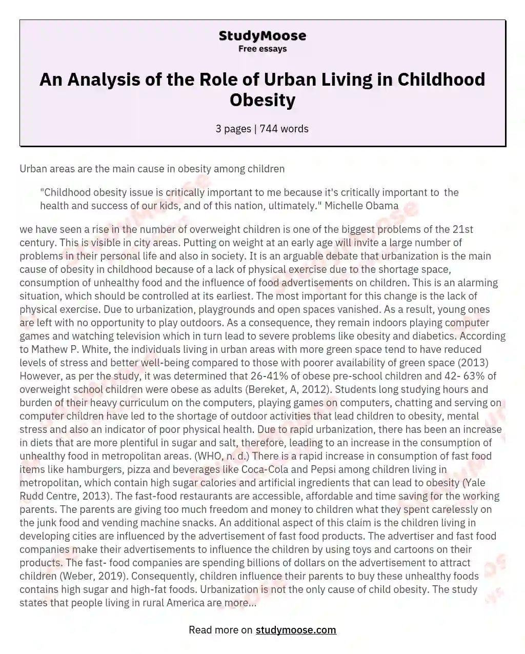 An Analysis of the Role of Urban Living in Childhood Obesity essay