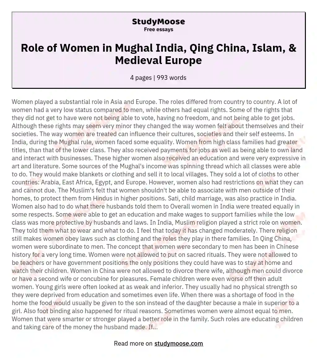 Role of Women in Mughal India, Qing China, Islam, & Medieval Europe essay