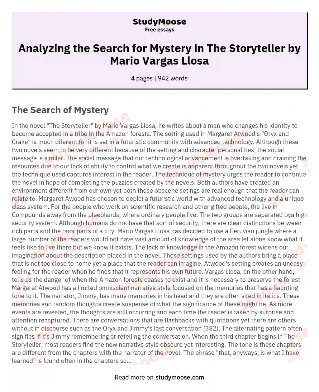 Analyzing the Search for Mystery in The Storyteller by Mario Vargas Llosa essay