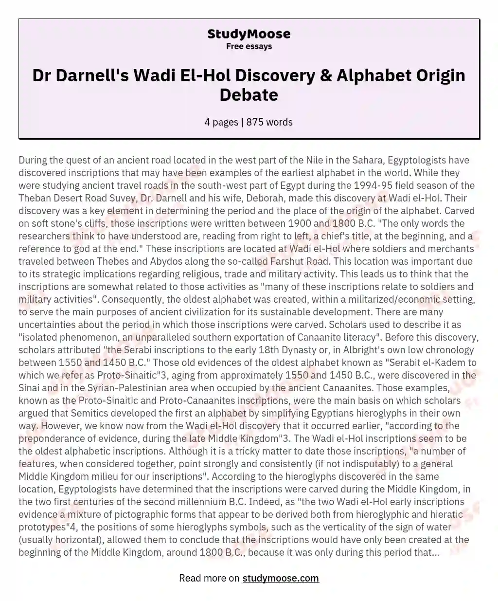 Dr Darnell's Wadi El-Hol Discovery & Alphabet Origin Debate essay