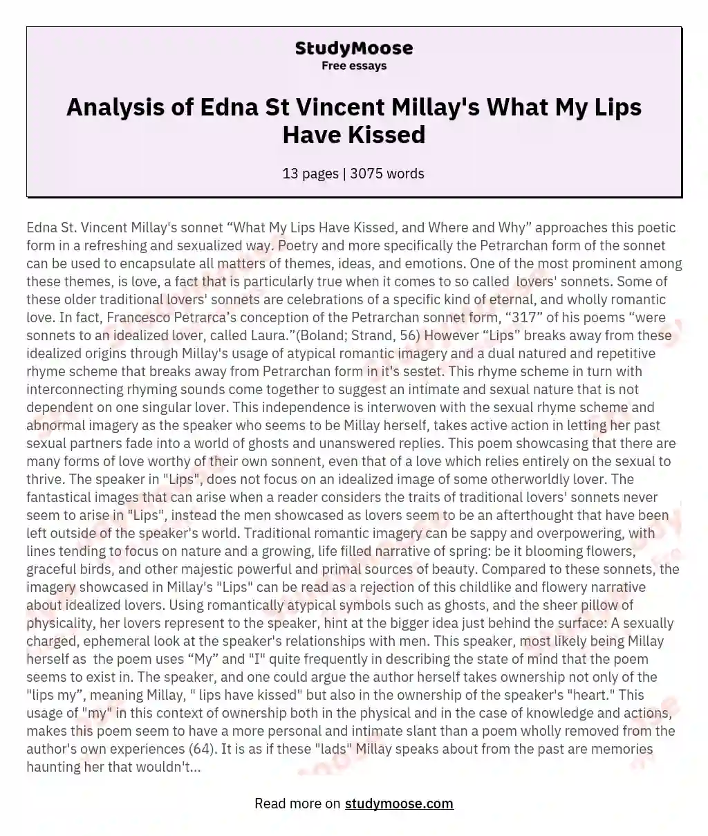 Analysis of Edna St Vincent Millay's What My Lips Have Kissed essay