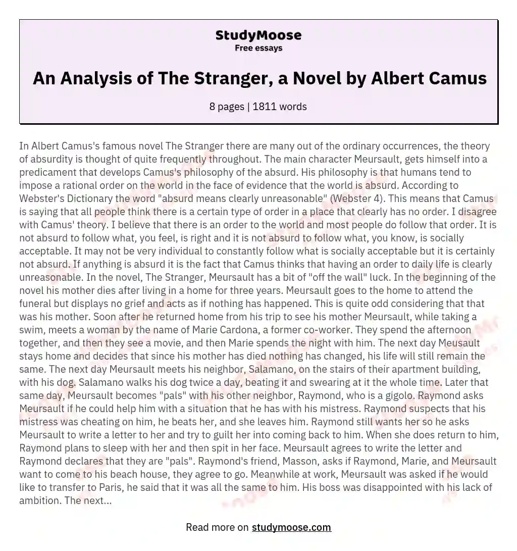 An Analysis of The Stranger, a Novel by Albert Camus