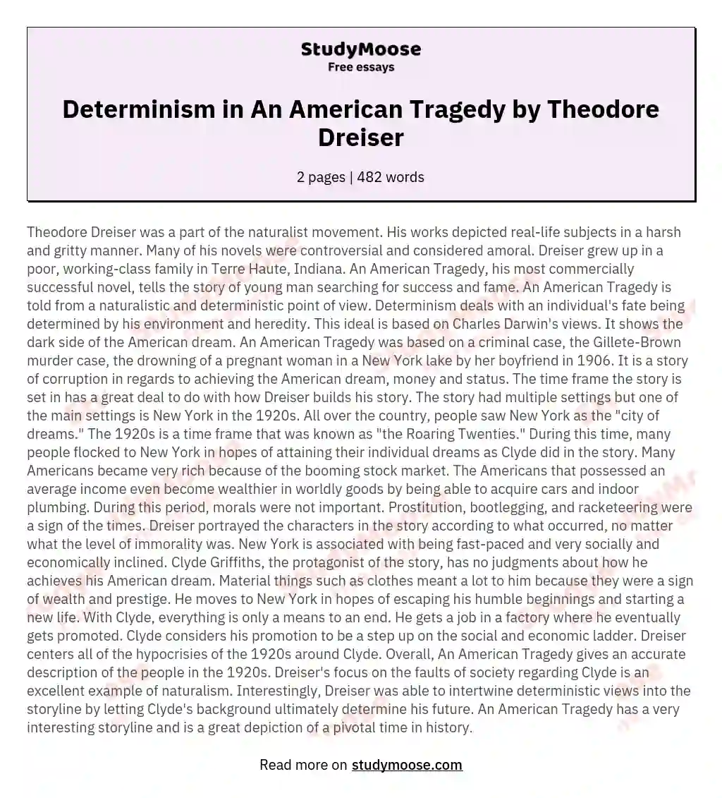 Determinism in An American Tragedy by Theodore Dreiser essay