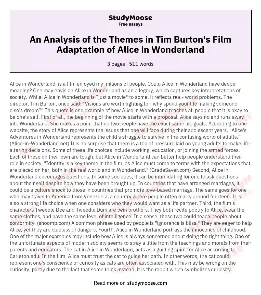 An Analysis of the Themes in Tim Burton's Film Adaptation of Alice in Wonderland essay
