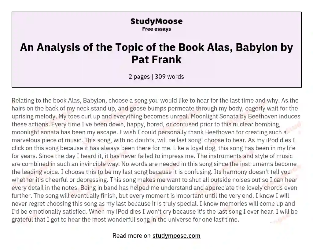 An Analysis of the Topic of the Book Alas, Babylon by Pat Frank essay