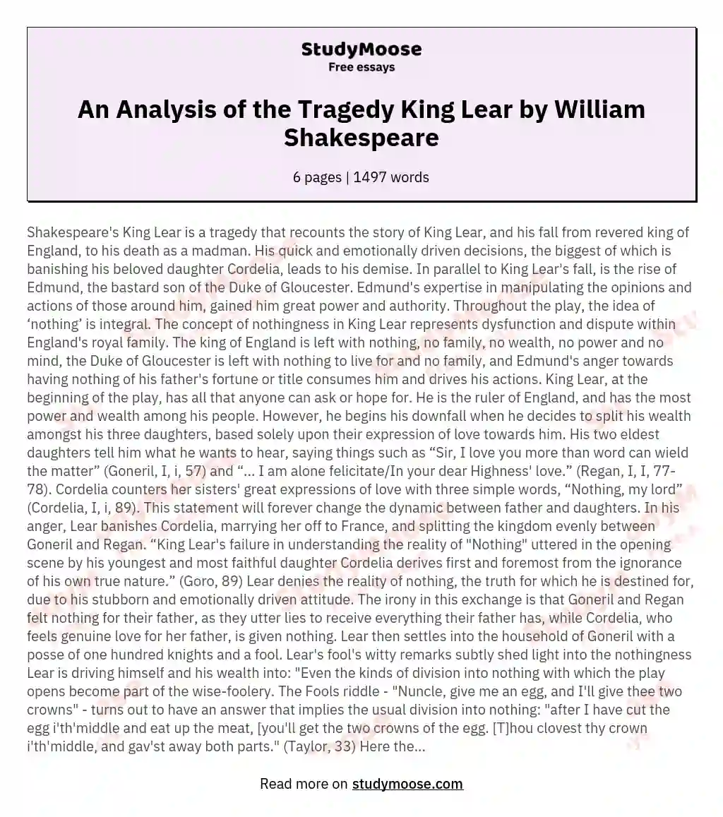 An Analysis of the Tragedy King Lear by William Shakespeare