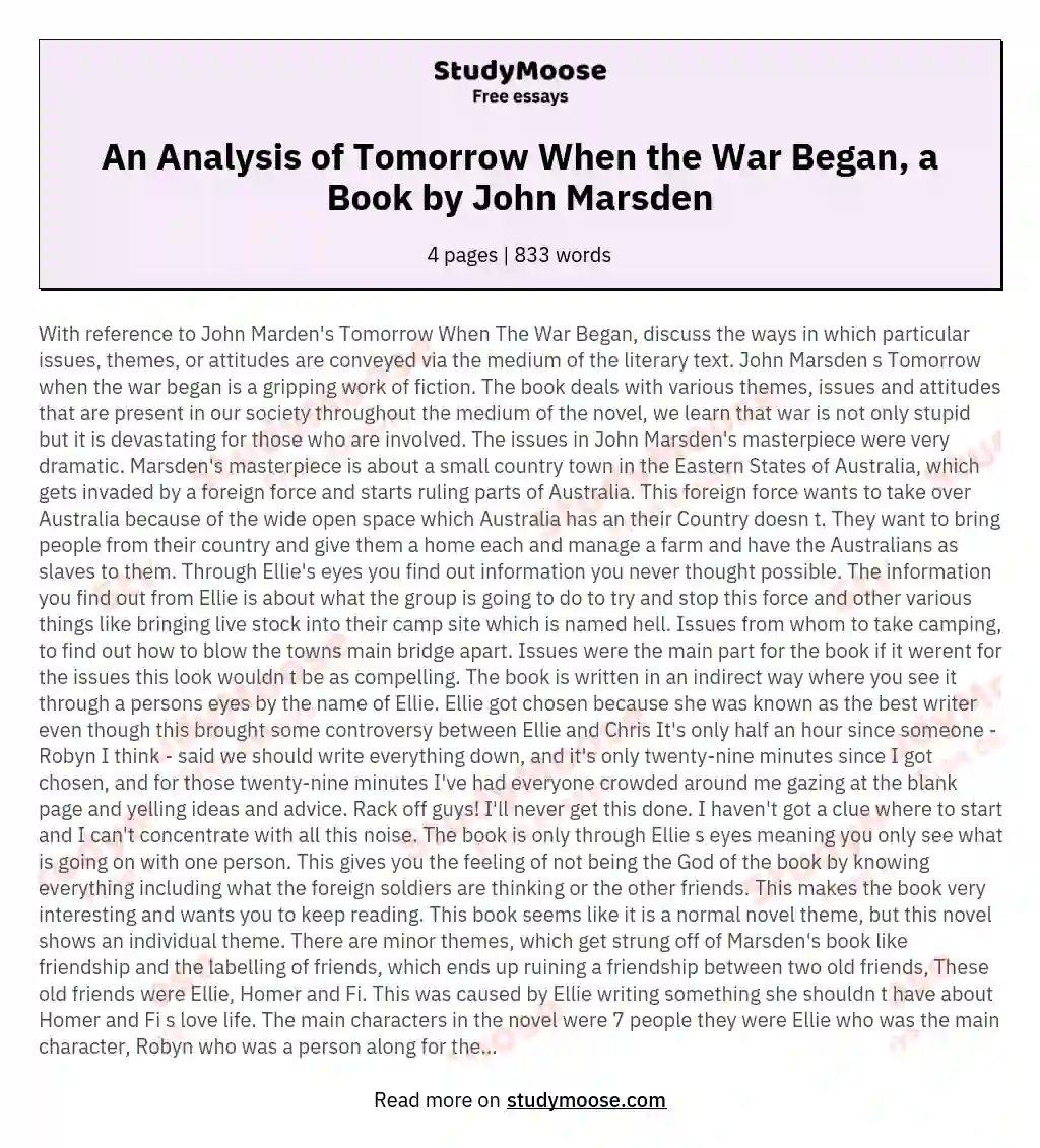 An Analysis of Tomorrow When the War Began, a Book by John Marsden essay