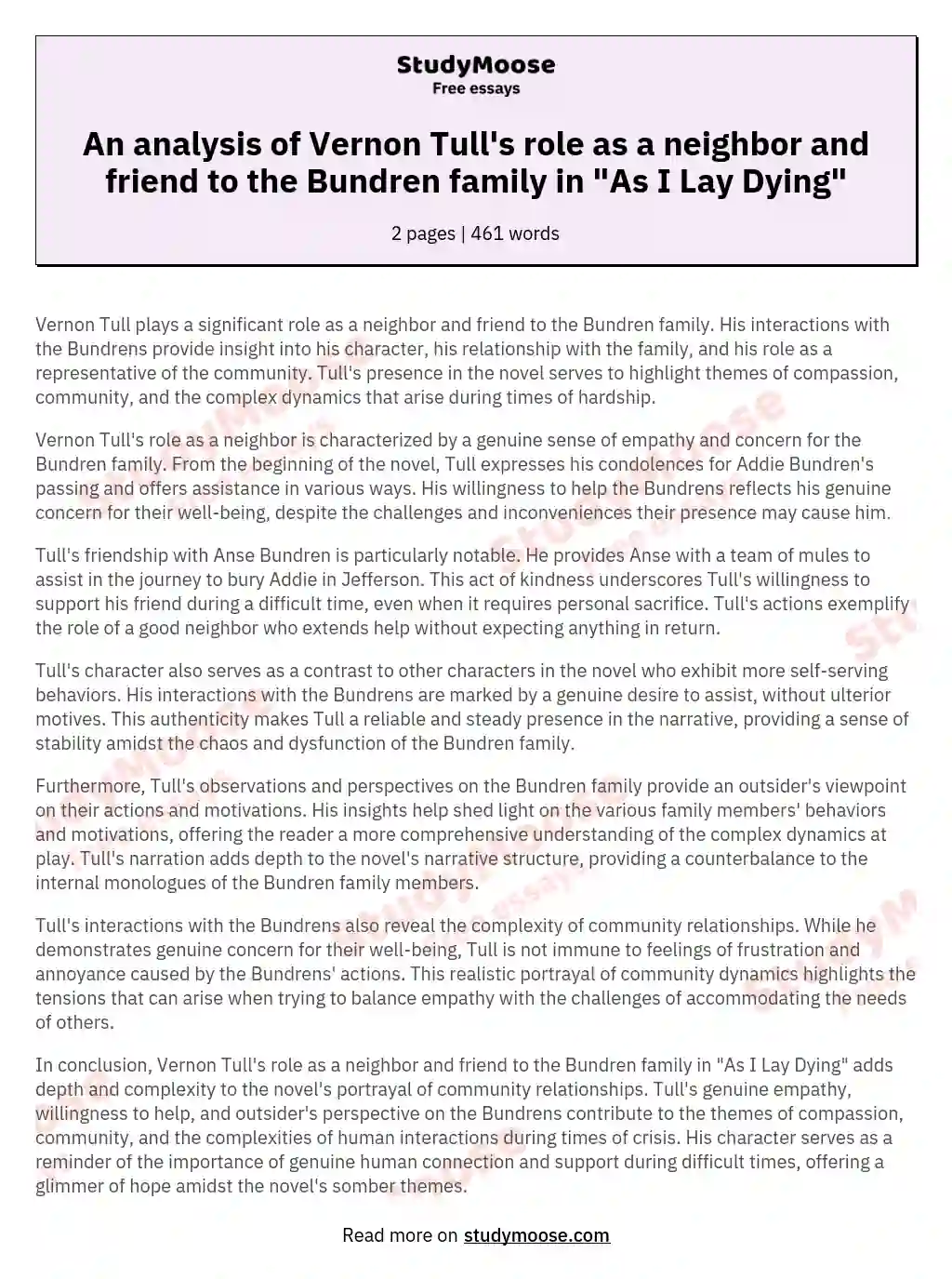 An analysis of Vernon Tull's role as a neighbor and friend to the Bundren family in "As I Lay Dying" essay