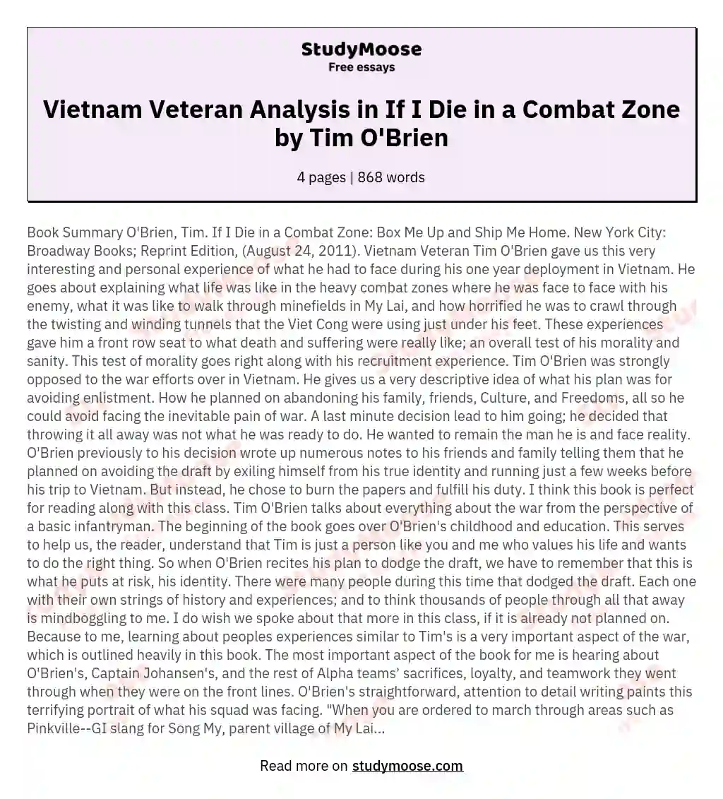 Vietnam Veteran Analysis in If I Die in a Combat Zone by Tim O'Brien essay