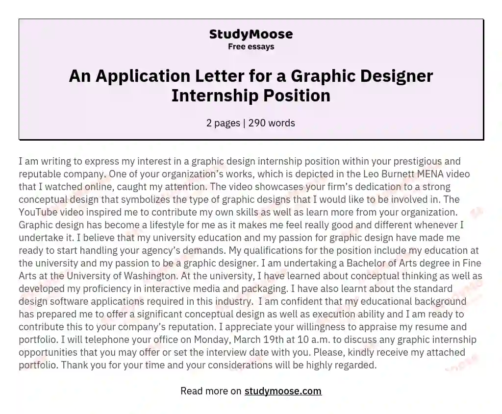 An Application Letter for a Graphic Designer Internship Position essay