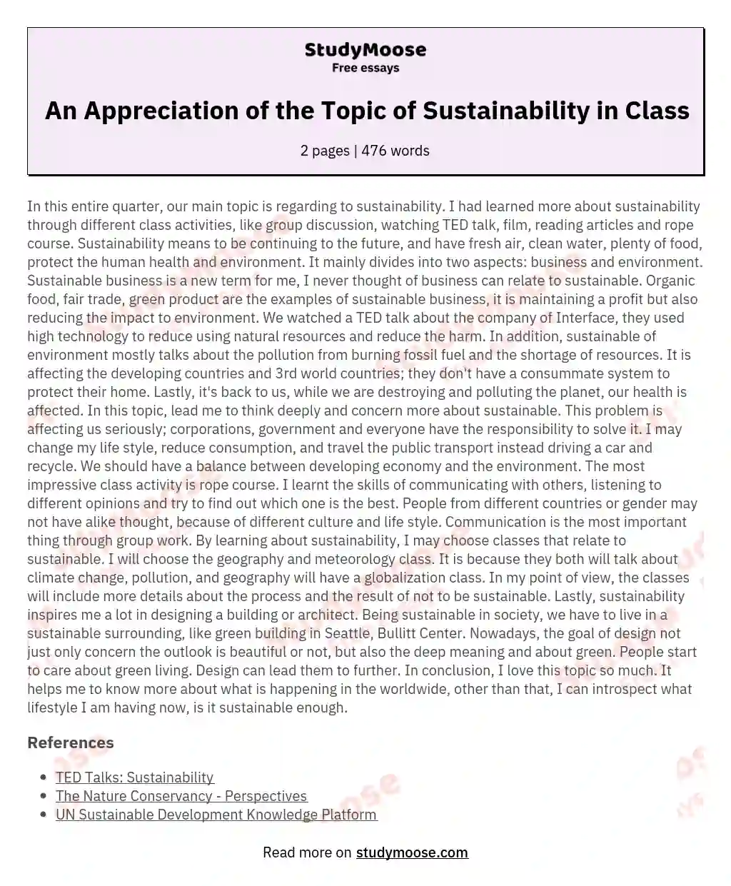 An Appreciation of the Topic of Sustainability in Class essay