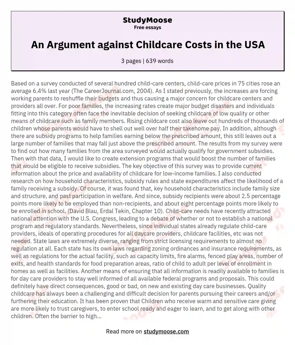 An Argument against Childcare Costs in the USA essay