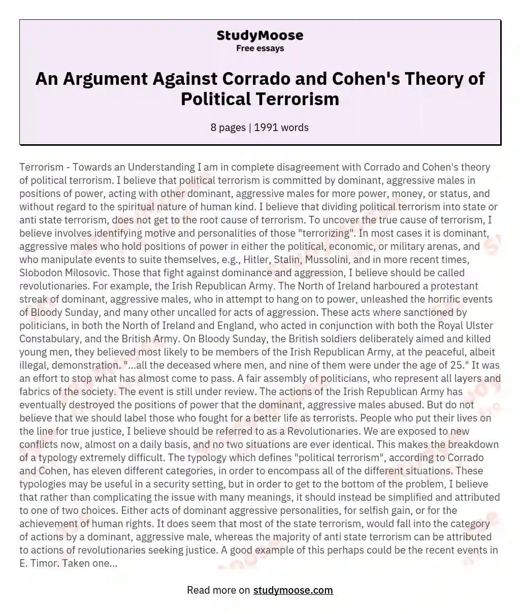 An Argument Against Corrado and Cohen's Theory of Political Terrorism