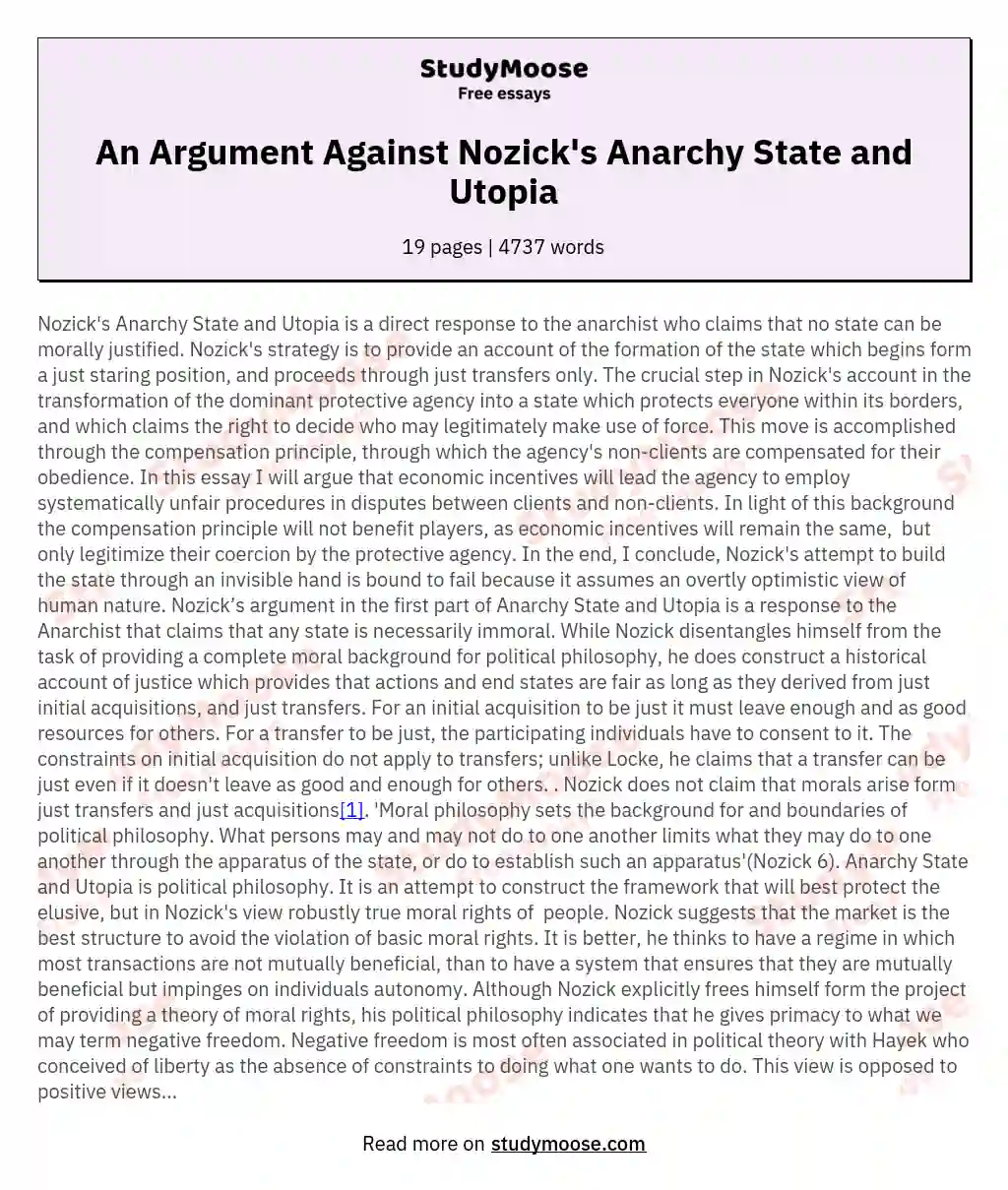 An Argument Against Nozick's Anarchy State and Utopia essay