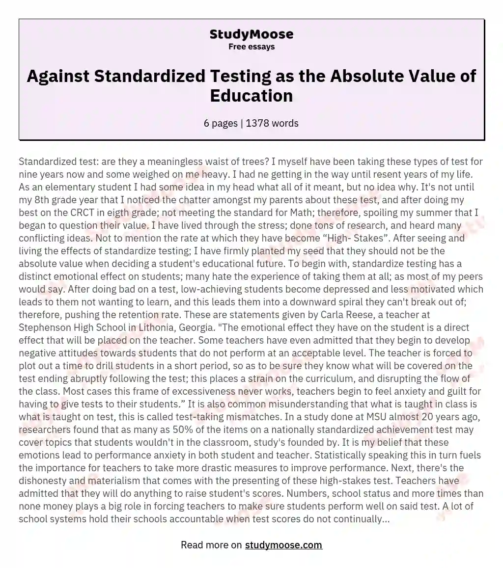 Against Standardized Testing as the Absolute Value of Education essay