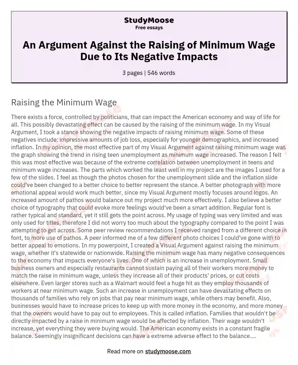 An Argument Against the Raising of Minimum Wage Due to Its Negative Impacts