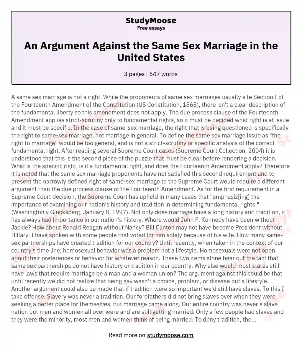 An Argument Against the Same Sex Marriage in the United States essay