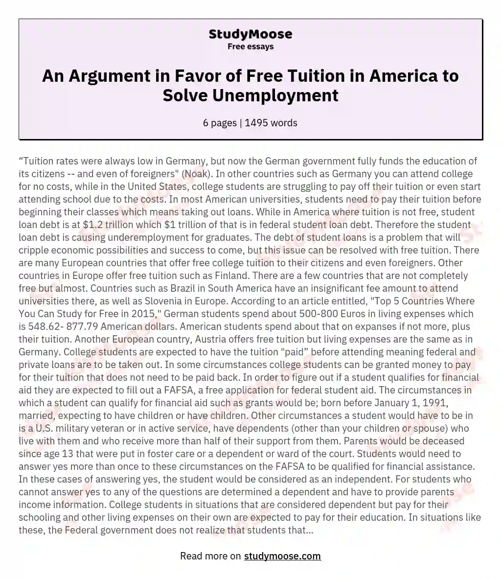 An Argument in Favor of Free Tuition in America to Solve Unemployment