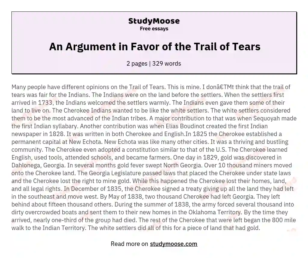 An Argument in Favor of the Trail of Tears essay