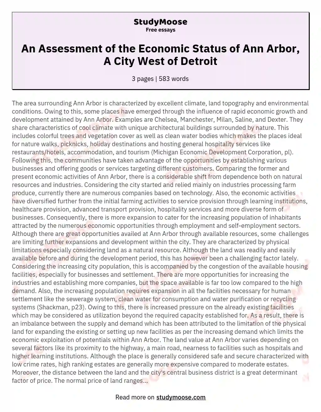 An Assessment of the Economic Status of Ann Arbor, A City West of Detroit essay