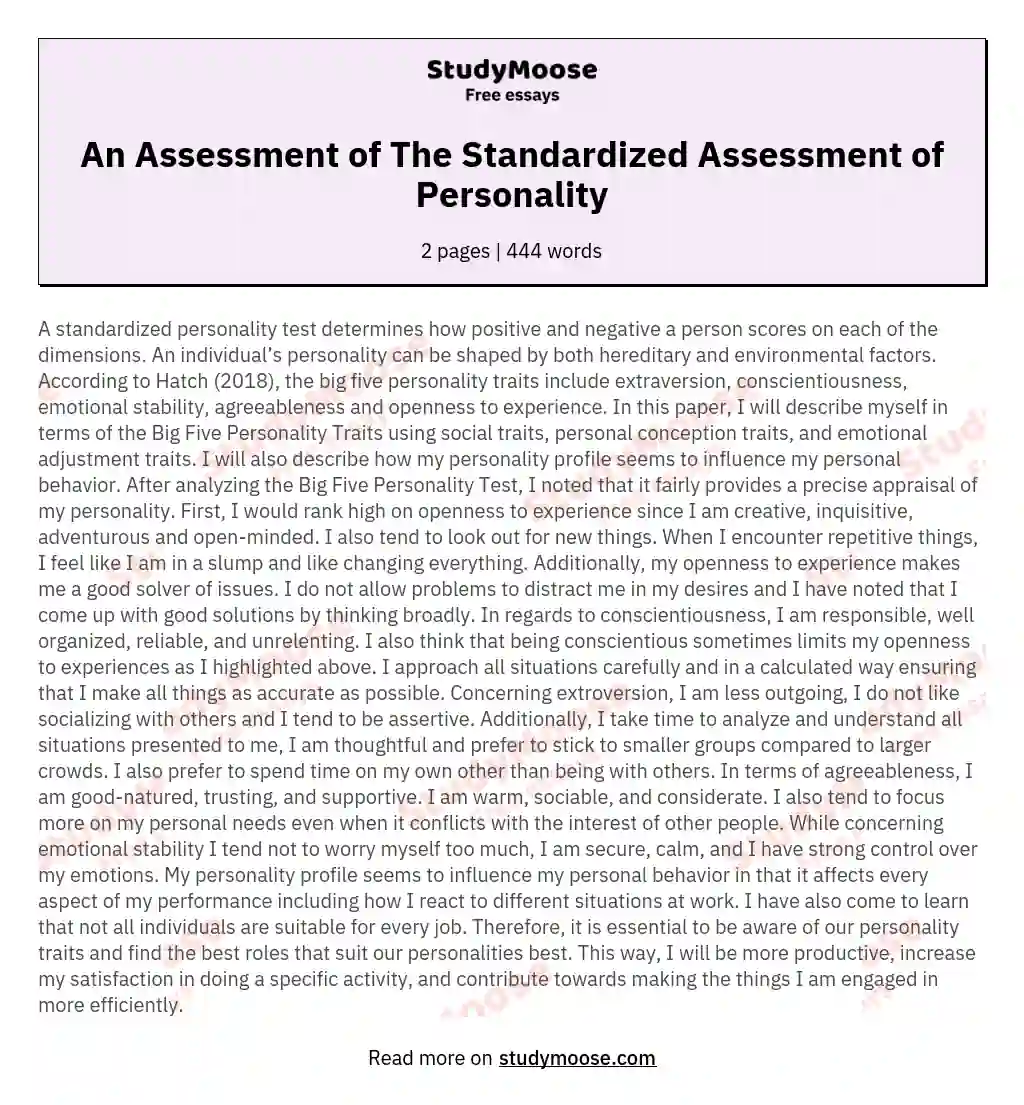An Assessment of The Standardized Assessment of Personality essay