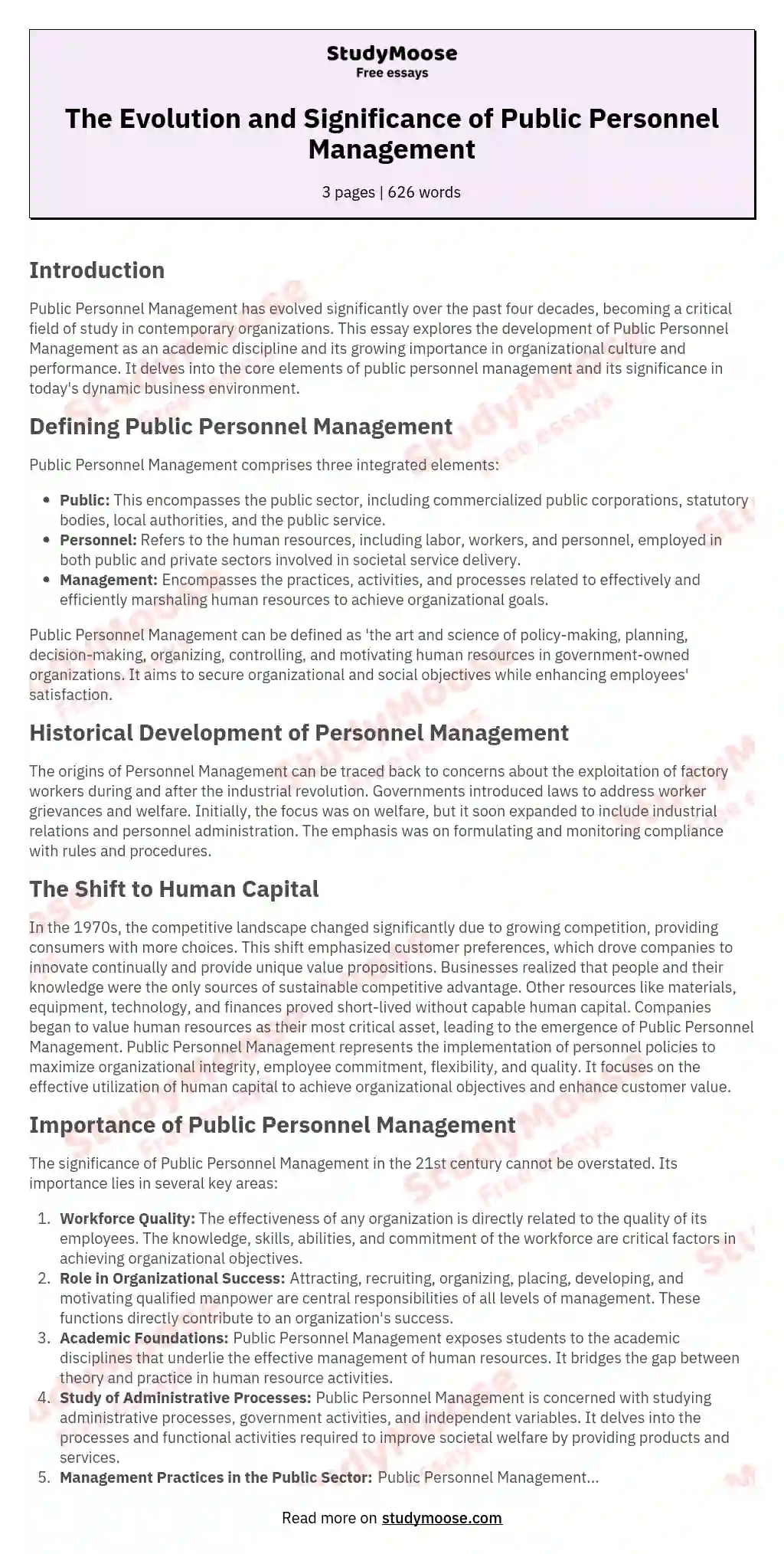 The Evolution and Significance of Public Personnel Management essay