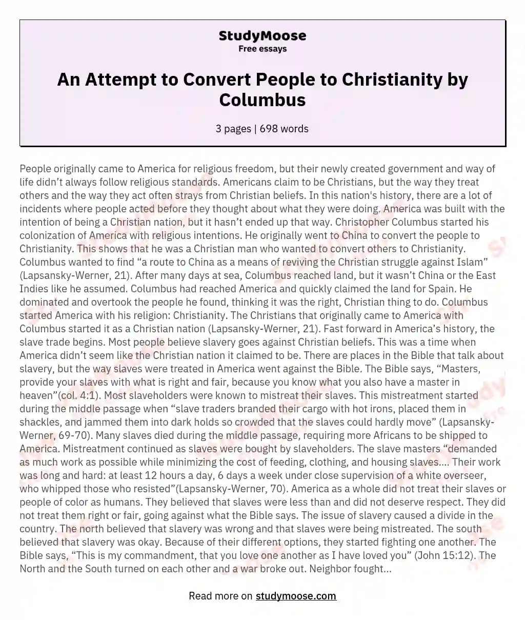 An Attempt to Convert People to Christianity by Columbus essay