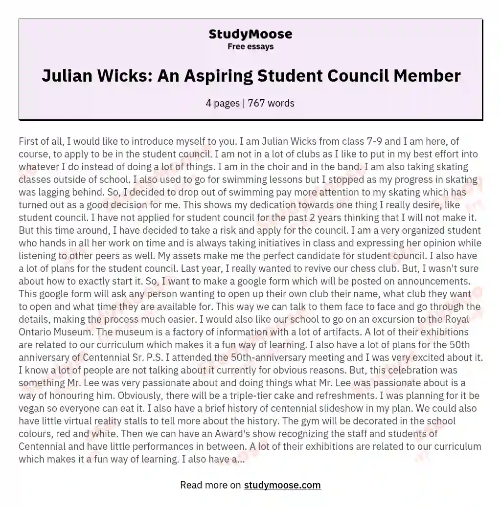 Julian Wicks: An Aspiring Student Council Member essay