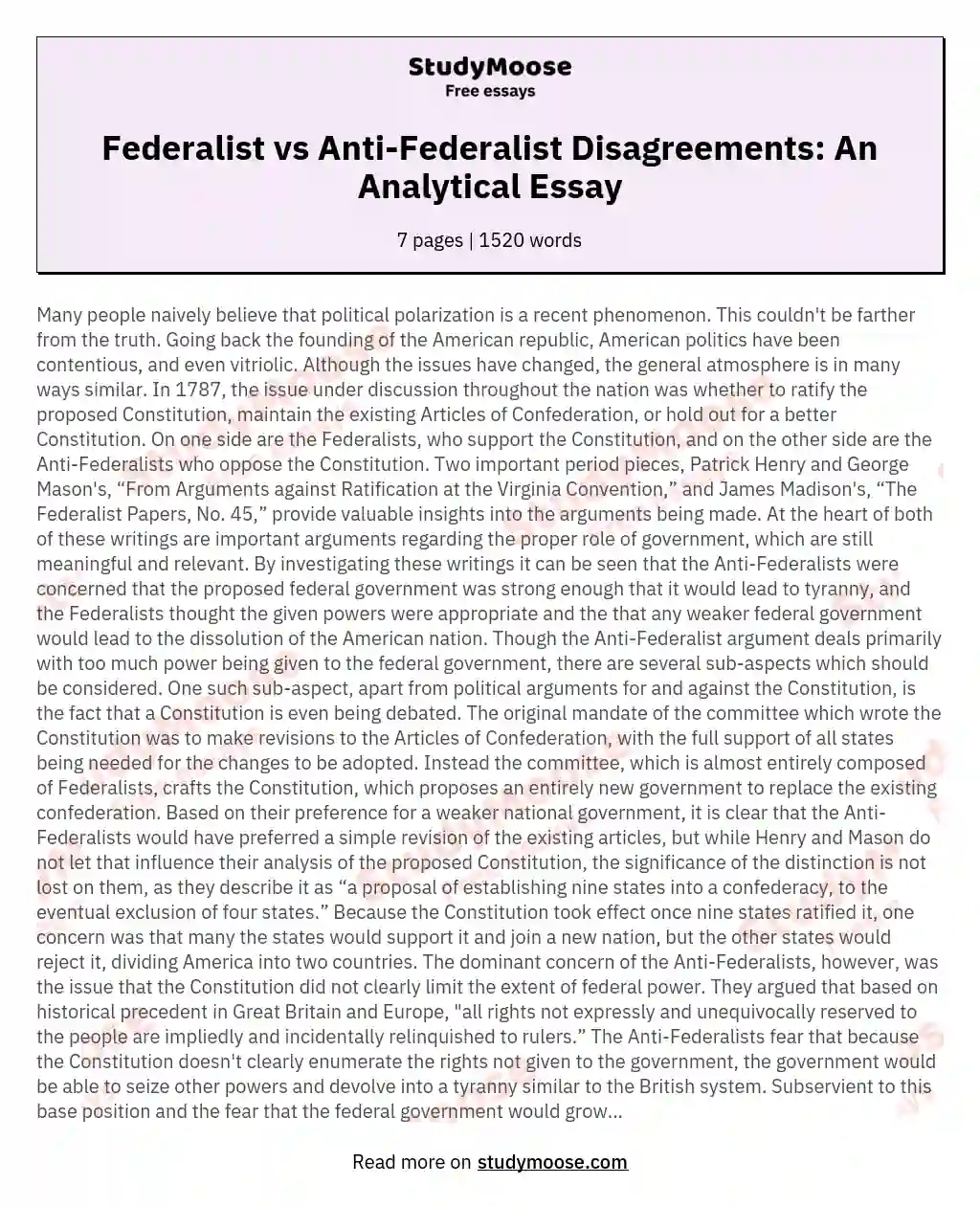 Federalist vs Anti-Federalist Disagreements: An Analytical Essay essay